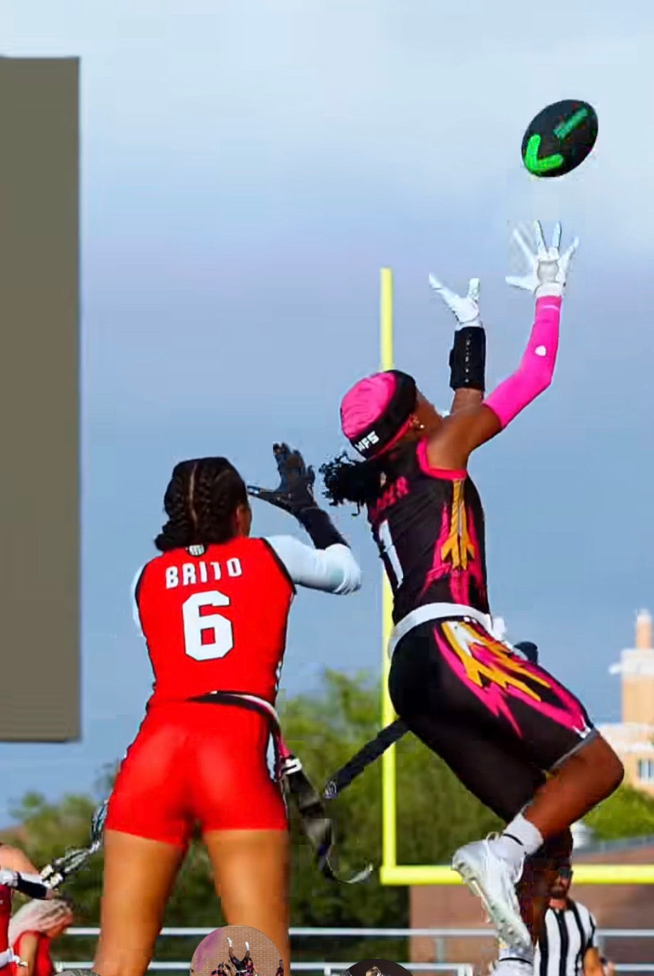 Female flag football athlete wearing a black wrist coach with playbook windows. Female athlete wearing a hot pink compression arm sleeve for football.