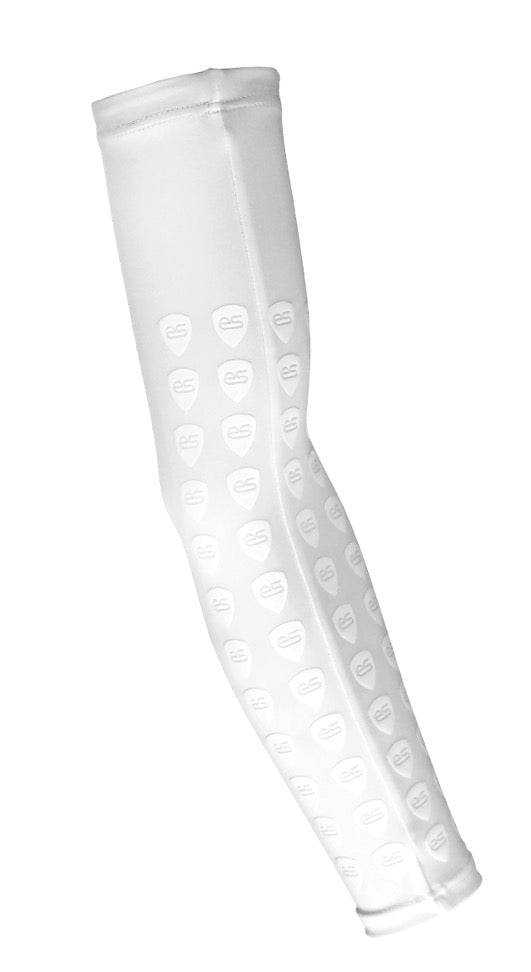 white compression arm sleeve with grips for ball control