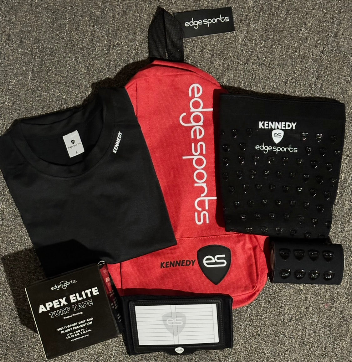 custom athlete bundle with compression shirt, cross body sling bag, wrist coach, turf tape and leg sleeve