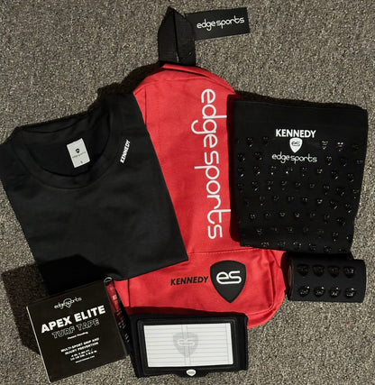 custom athlete bundle with compression shirt, cross body sling bag, wrist coach, turf tape and leg sleeve