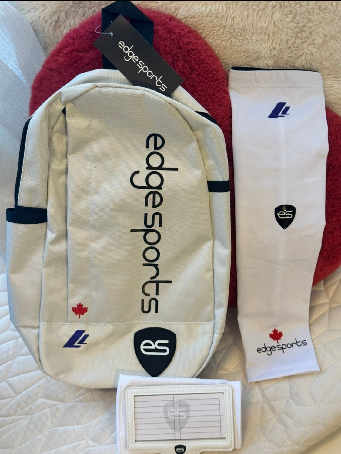 custom bundle with custom white arm sleeve, custom bag and white female fit wrist coach