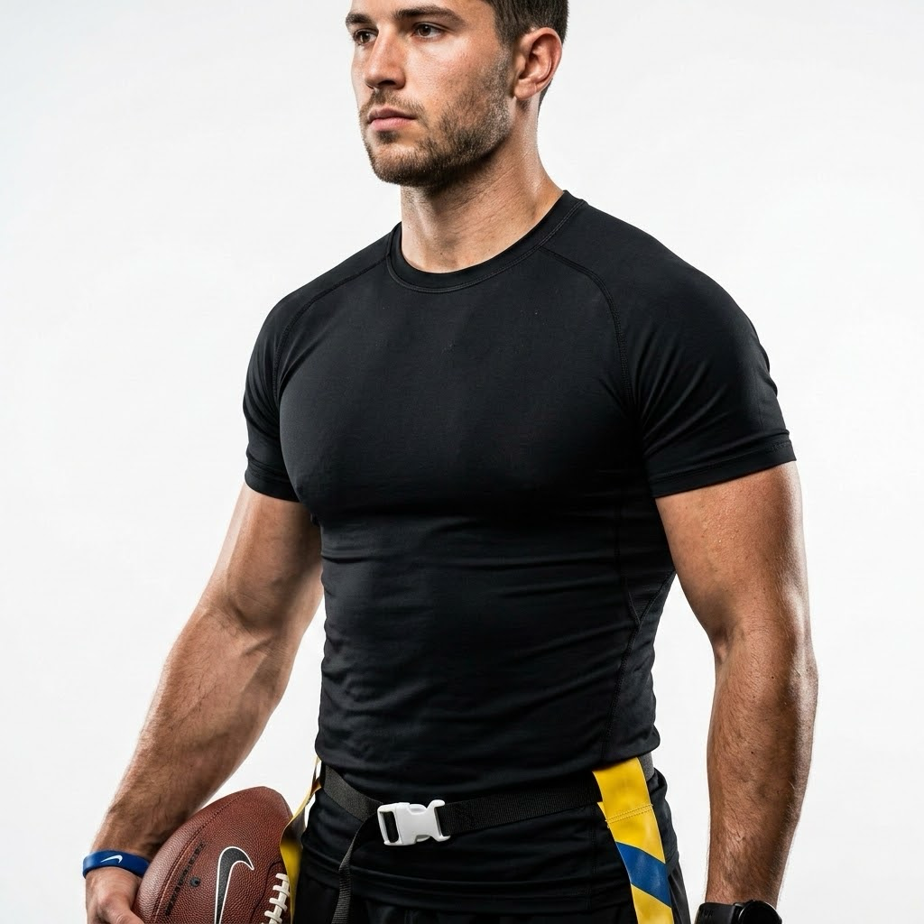 Male flag football player wearing the black dri-fit compression core shirt